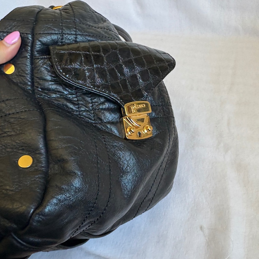 Bolzano Black Pebbled Leather Satchel Bag Gold Hardware Croc Trim Shoulder Bag - Picture 2 of 8